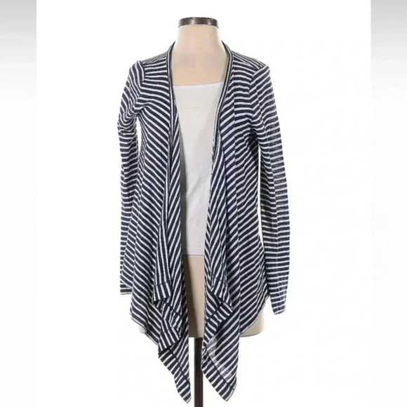 J. Crew Navy White Stripe Preppy Career Open Front Waterfall Cardigan Size Small - Picture 2 of 4